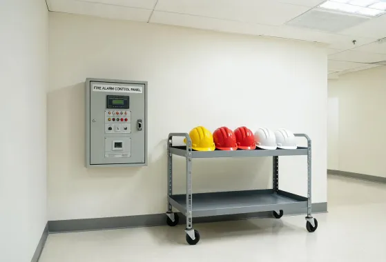 Hard hats near fire alarm panel